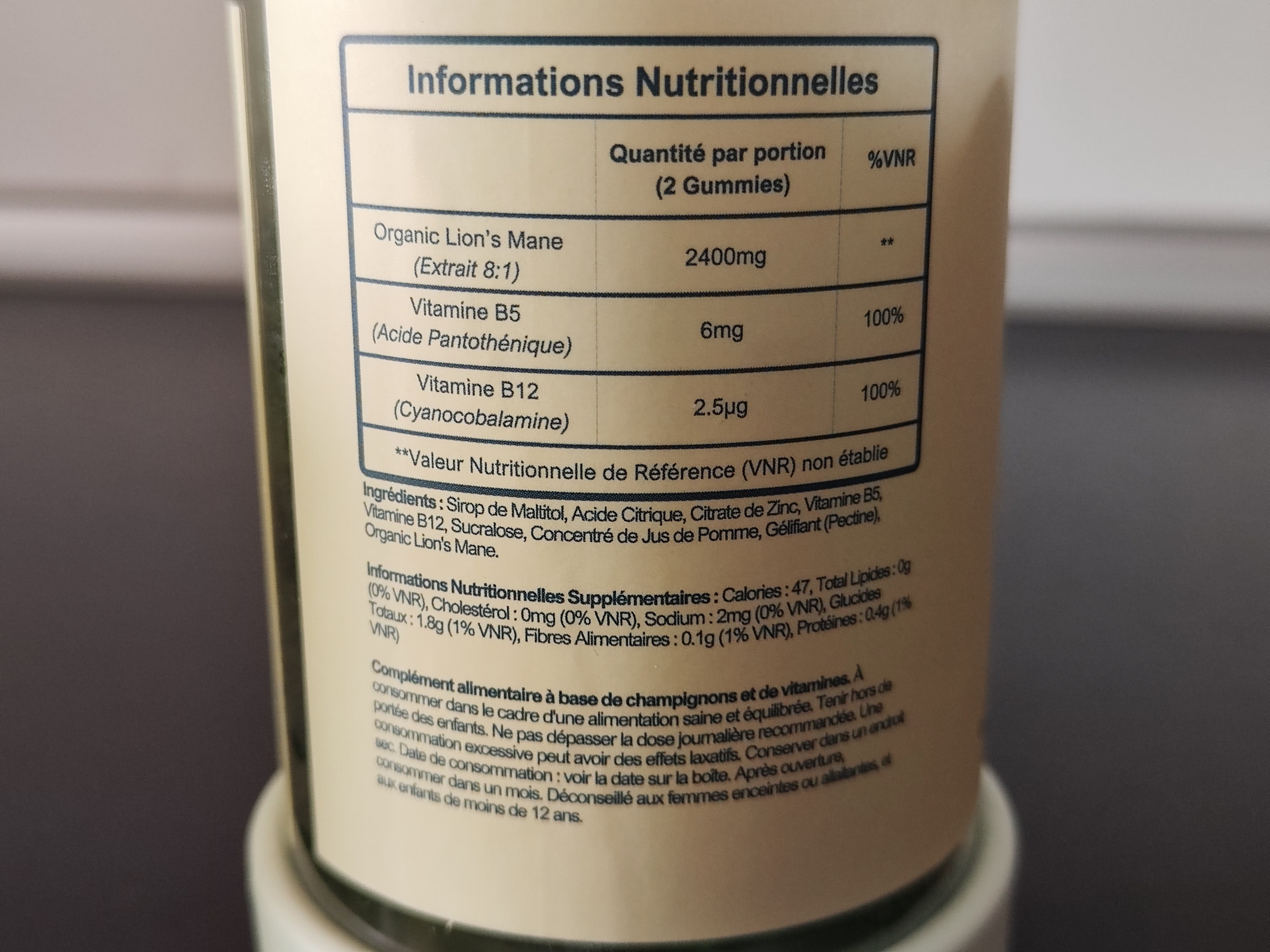 Ingrédients des gummies Lion's Mane Sporelife, test Adaptozen
