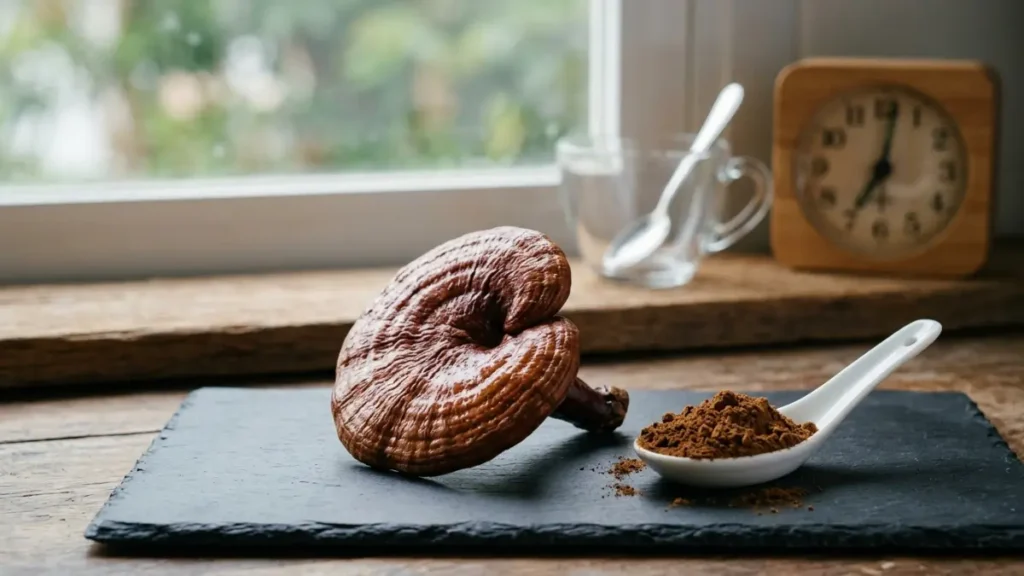 Photo champignon Reishi et poudre adaptogène pour routine sur Adaptozen.fr