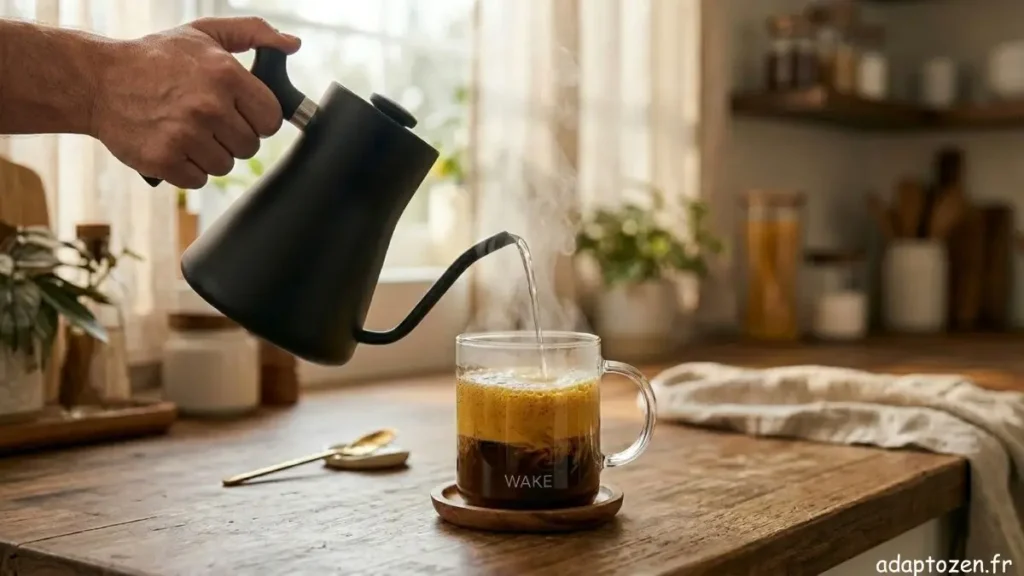 avis wake café tasse de café aux champignons Wake sur un bureau épuré, entourée de champignons Lion's Mane frais et de grains de café bio pour illustrer le focus mental