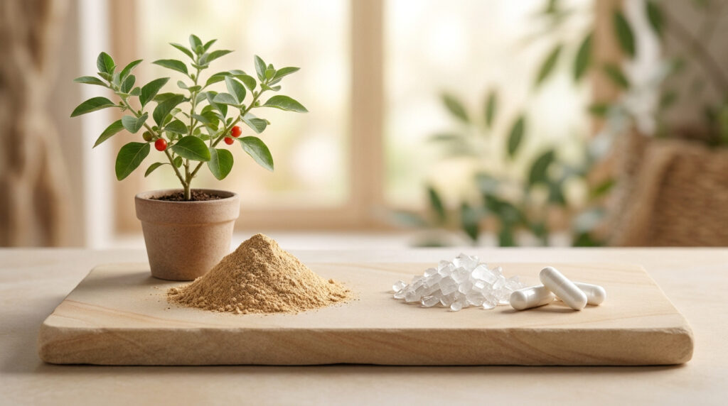 Plante d'ashwagandha, poudre, cristaux de magnésium et gélules sur une planche en pierre dans une pièce lumineuse.
