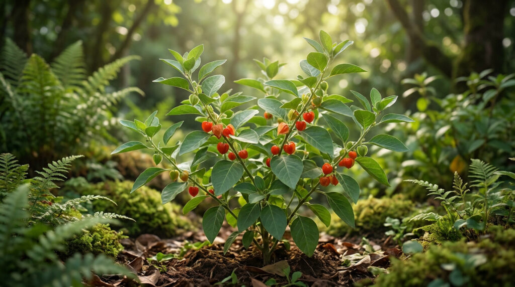 Plan rapproché d'un plant d'ashwagandha avec ses baies rouges dans une forêt luxuriante et lumineuse.
