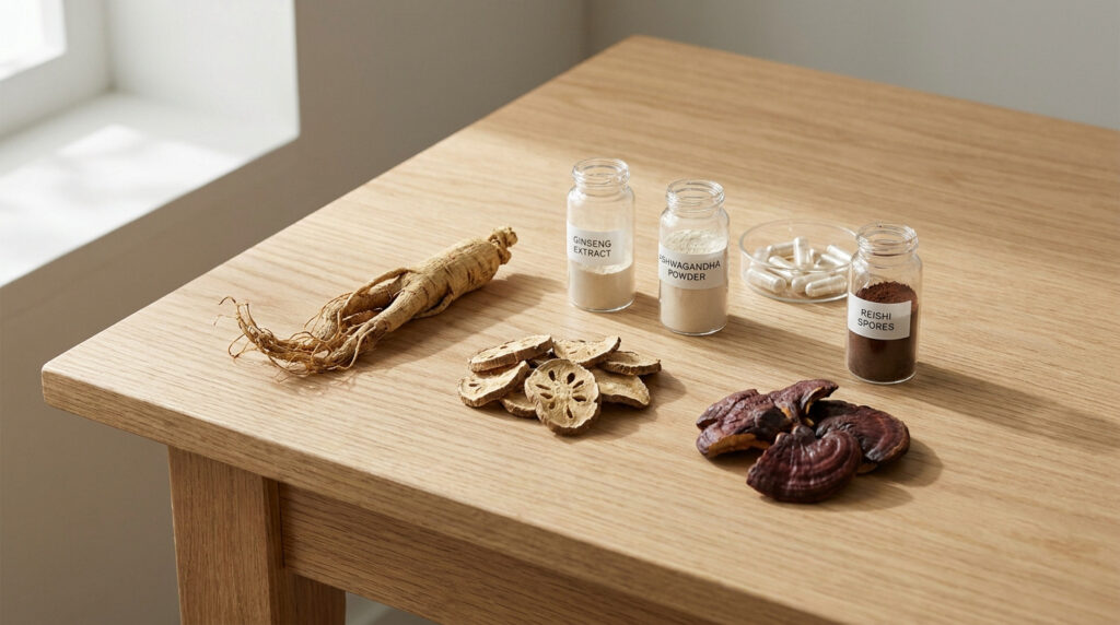 Racines de ginseng, extraits en poudre, gélules et champignons reishi disposés sur une table en bois.