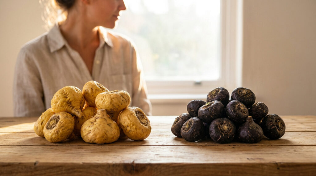 Une femme regarde deux tas de racines de maca, l'un jaune et l'autre noir, posés sur une table en bois près d'une fenêtre.
