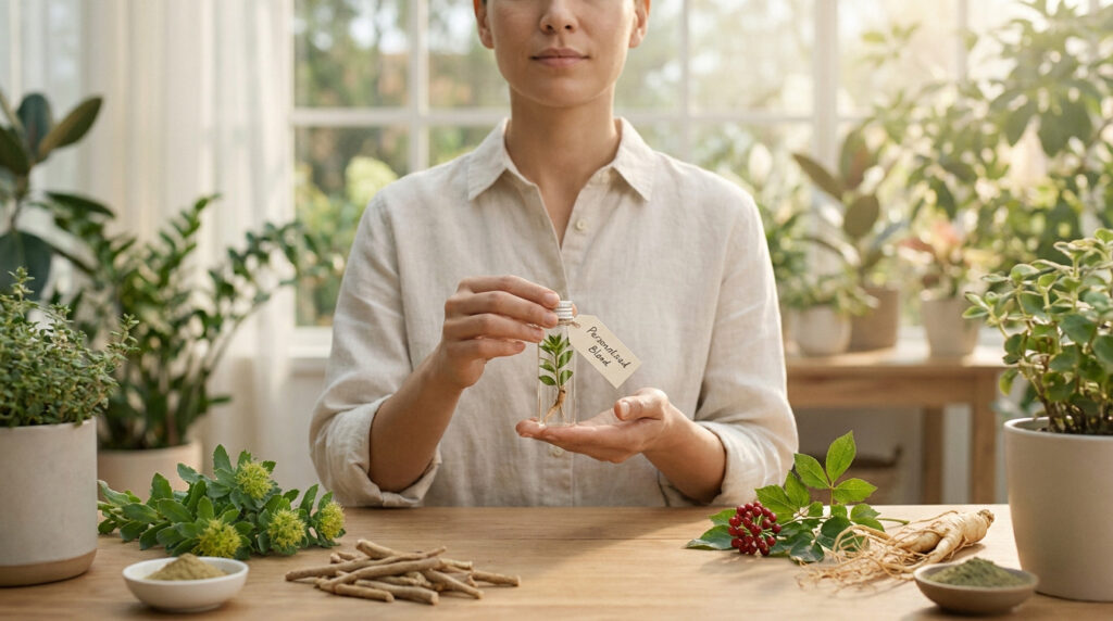 Une personne tient une petite fiole d'adaptogène personnalisée devant des plantes dans une pièce lumineuse.