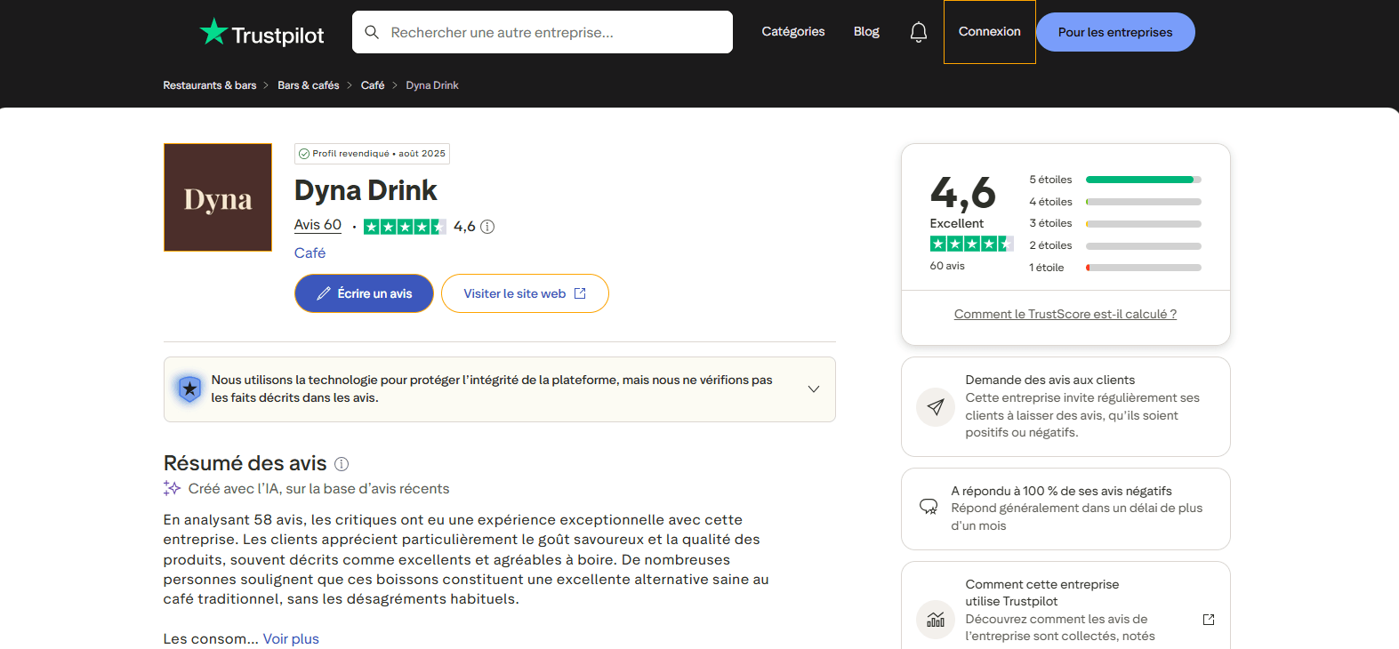 Avis client Dyna, capture Trustpilot, avis test AdaptoZen