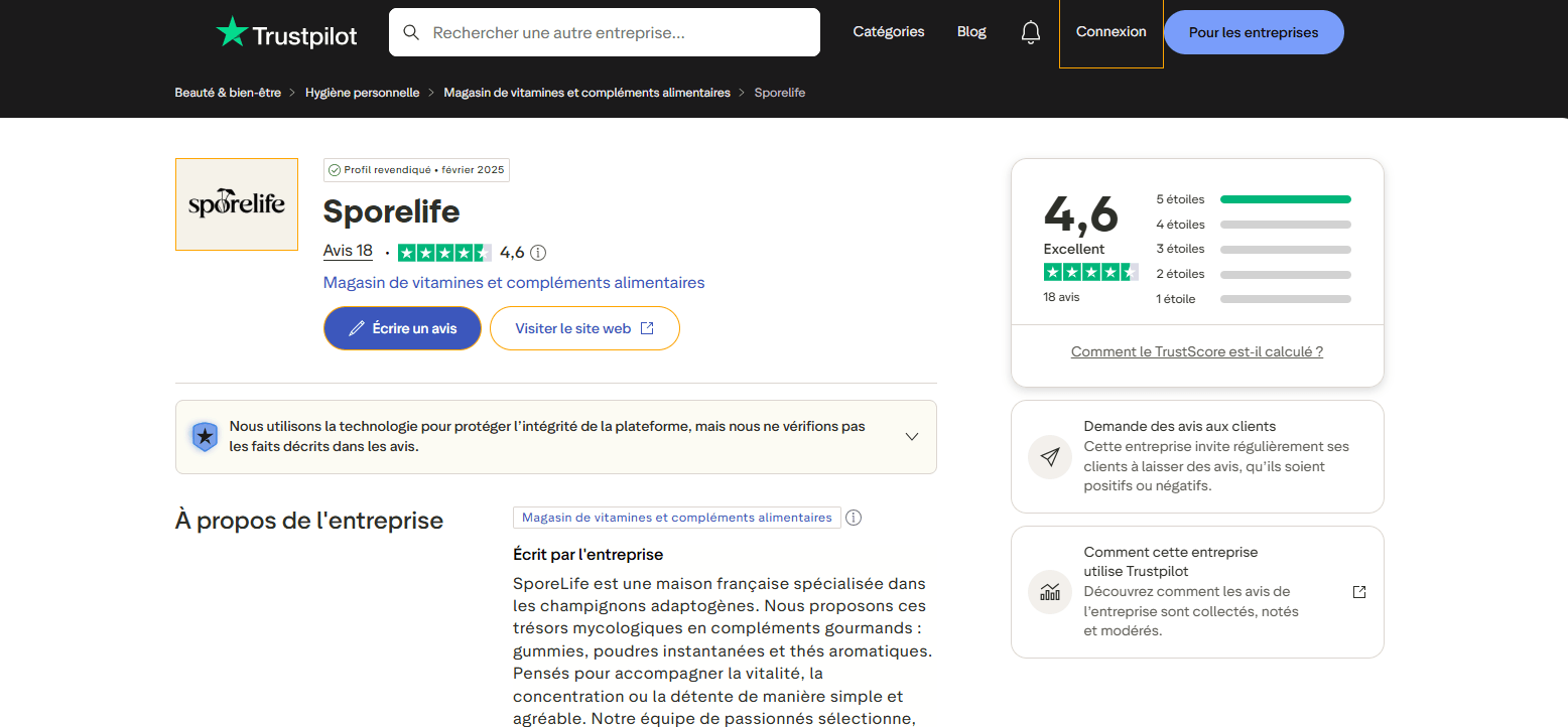 Avis client Sporelife, capture Trustpilot, avis test Adaptozen