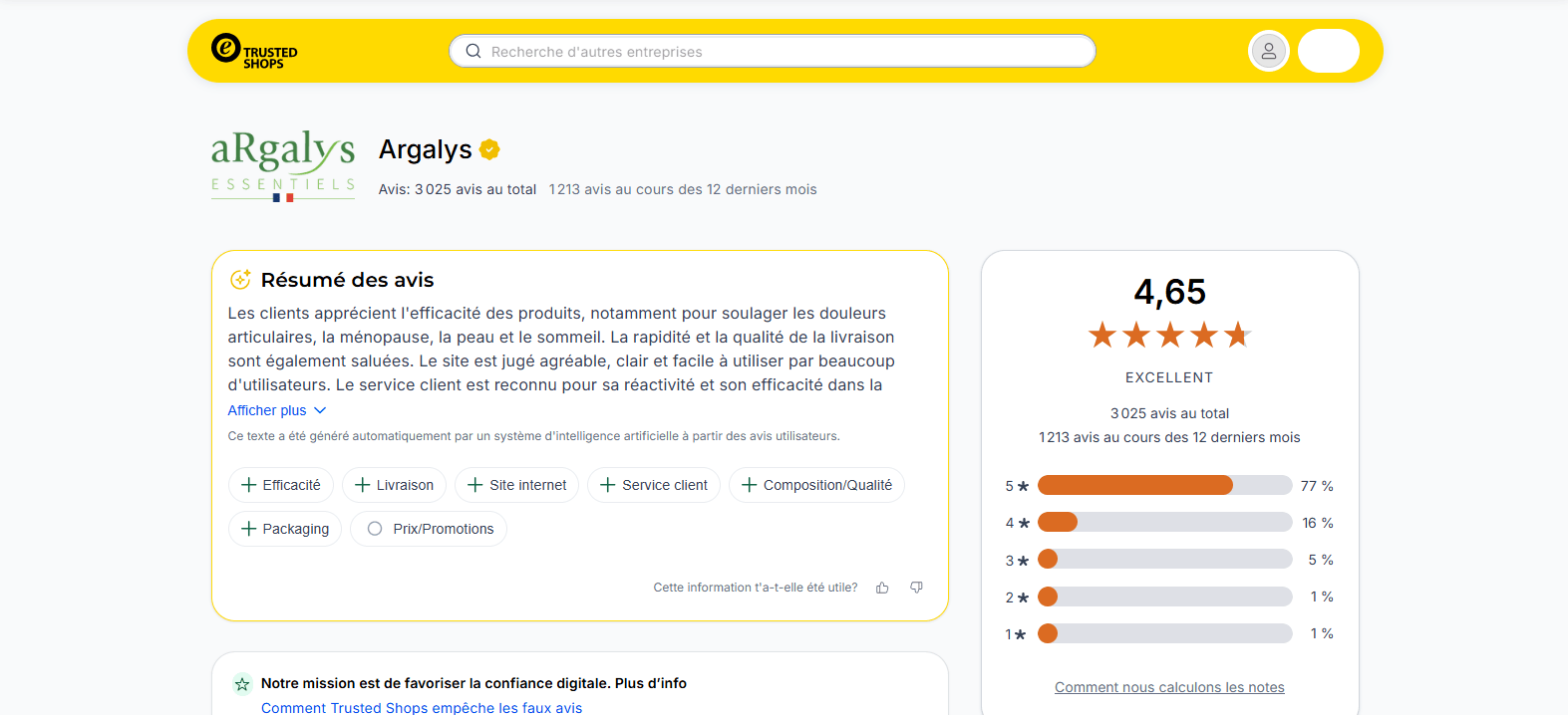 Avis client Argalys, capture TrustedShops, avis test Adaptozen